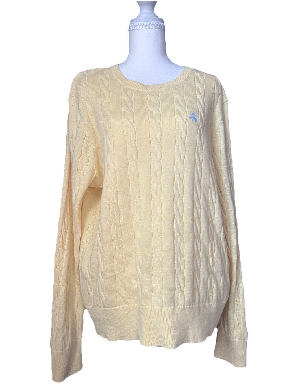 Brooks Brothers Cable Knit Fisherman Sweater Butter Yellow Cotton Size XL Womens